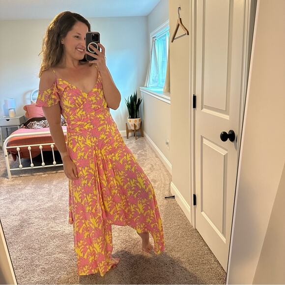 NWT Diane Von Furstenberg DVF Yellow Pink Palm Maxi Dress 8 - Picture 5 of 13